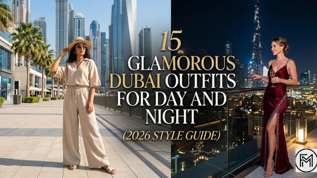 A diptych (two-panel) collage image showcasing two different evening wear looks worn by the same woman, presented side-by-side. On the left panel, the woman stands and smiles, wearing an elegant, floor-length royal blue satin gown with a one-shoulder neckline. She holds a glass of champagne in one hand and a silver clutch bag in the other, posed in an upscale indoor lounge. A large floor-to-ceiling window behind her reveals a spectacular, detailed night-time view of the sprawling Dubai skyline, including the brightly lit Burj Khalifa. On the right panel, the same woman is seated on a plush velvet sofa, laughing and holding a coupe-style cocktail glass. She wears a rich ruby-red satin cocktail dress. A metallic gold rectangular clutch bag rests on the sofa beside her. The background features a similar massive window displaying the identical, breathtaking night-time panorama of the illuminated urban landscape of Dubai.