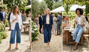Three women in a photo collage wearing wide-leg tailored denim culottes with thin ankle-strap sandals at a sunny summer gathering.