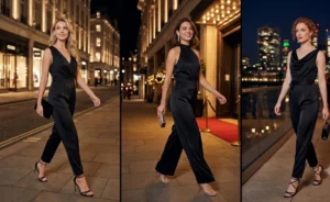 A three-panel collage of women wearing sleek black satin jumpsuits and strappy stilettos, featuring elegant and minimalist evening wear for a night out.