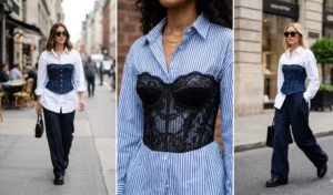 A three-panel collage showcasing avant-garde street style with structured denim corsets and lace bustiers layered tightly over oversized button-down shirts.