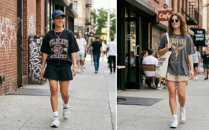 Side-by-side images of two women wearing oversized graphic t-shirts paired with pleated skorts and sneakers, showcasing a nostalgic streetwear fashion aesthetic.