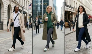 A photo collage of three women wearing retro chunky dad sneakers paired with black split-hem flared leggings, oversized hoodies, and trench coats for an athleisure look.