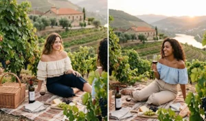 Women enjoying a romantic vineyard picnic in Portugal, styled in soft off-the-shoulder peasant blouses and tailored culottes.
