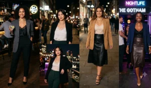 A four-panel collage of women wearing effortlessly cool evening outfits featuring oversized blazers left unbuttoned with delicate lace camisoles peeking out underneath.
