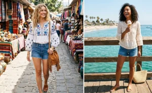 Women wearing casual cruise daytime outfits featuring classic denim cutoffs paired with breezy, embroidered bohemian blouses.