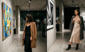 "Women in sleek silk slip dresses layered with tailored wool overcoats, perfect for an evening museum date outfit."