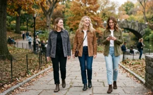 Casual fall fashion featuring women wearing earthy suede shackets over classic t-shirts and jeans, paired with sleek leather Chelsea boots.