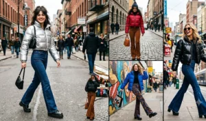 "Women wearing vibrant cropped quilted jackets with retro flare pants and platforms."