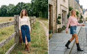 Western-chic winter fashion showing delicate pointelle knit sweaters paired with denim skirts and leather cowboy boots.