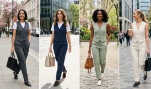 A four-panel collage showing women wearing modern office attire featuring sleeveless tailored waistcoats paired with matching wide-leg trousers.