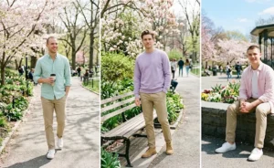 A spring fashion collage of men wearing soft pastel-colored tops, including mint green and lavender, perfectly paired with classic khaki pants and white sneakers.