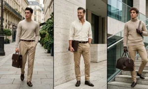 A style collage of men wearing monochromatic neutral outfits, pairing beige and cream tops with classic khaki pants and contrasting dark brown leather accessories.