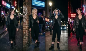 A four-panel mood board of women wearing edgy lace-trimmed cami jumpsuits layered under black leather moto jackets with combat boots for a rock-chic night out.