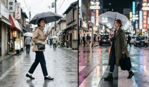 Stylish outfits for Japan's rainy season, featuring a woman in a water-resistant neutral windbreaker and another holding an iconic clear transparent umbrella on a wet Tokyo street.
