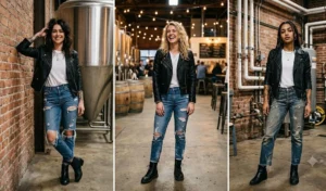 "Women wearing faux leather moto jackets with white tees and distressed jeans."