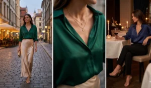 A three-panel collage of elegant evening wear featuring luxurious jewel-toned oversized silk shirts paired gracefully with flowing liquid satin skirts.