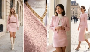 A 4-panel image displaying elegant pastel pink tweed cropped jackets and mini skirt sets, styled with knee-high boots and structural handbags for a luxurious Old Money vibe.