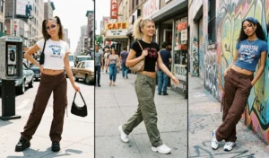 Three women displaying retro Y2K fashion in low-rise baggy chocolate brown cargo pants paired with fitted graphic baby tees and platform sneakers.