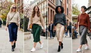 A four-panel collage featuring women wearing transitional spring outfits with chunky knit sweaters half-tucked into slinky satin bias skirts.