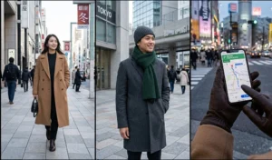 Essential winter outerwear for Japan, featuring a long camel wool coat, a tailored charcoal coat with a cozy scarf, and touchscreen-friendly leather gloves for easy smartphone navigation.