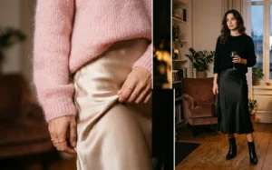 Romantic winter evening outfits showing the texture contrast of fuzzy mohair sweaters paired with elegant silk slip skirts.