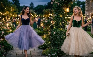 Two women at a twilight garden party modeling ethereal fairycore fashion, featuring tiered tulle skirts in dusty lavender and champagne anchored by fitted jewel-toned velvet bodices.