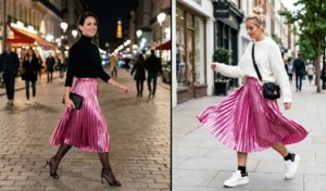 A 2-panel collage showing shiny metallic pink pleated skirts styled two ways: an evening look with a black turtleneck, and a daytime look with a chunky white sweater and sneakers.