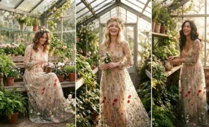 Three women in a sunlit greenhouse wearing sheer organza overlay dresses featuring intricate wildflower embroidery, styled with soft wavy hair and delicate floral crowns.