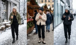 Three women walking in winter city streets wearing oversized quilted puffer jackets in neutral tones, relaxed-fit black sweatpants, ribbed knit beanies, and platform winter boots.
