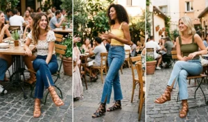 Collage of three women styling slit-hem jeans with intricate lace-up gladiator sandals in a warm al fresco dining setting.
