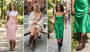 Four-panel collage featuring Y2K-inspired satin slip dresses styled with chunky leather cowboy boots for daytime and evening looks.