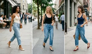 Three women in a split-screen photo wearing slouchy boyfriend jeans paired with sleek low-heeled slingback sandals on a city sidewalk.