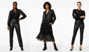 Three women styling onyx black monochromatic outfits, mixing edgy faux leather pants and biker jackets with soft sheer black lace tops and skirts.