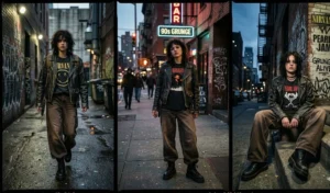 Three women showcasing an edgy 90s grunge style, wearing ultra-baggy faded espresso brown wide-leg jeans with vintage black leather biker jackets.
