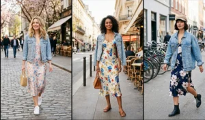 A three-panel image showing women styling light wash denim jackets draped over silk floral slip dresses on a breezy spring day.