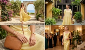 "Quad-collage of various summer dresses in trending butter yellow shades, highlighting silk and cotton voile fabrics."