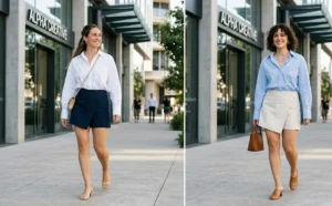 Side-by-side images of two women wearing crisp, oversized button-down shirts French-tucked into asymmetrical skorts for a sophisticated smart-casual look.