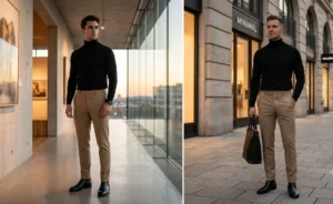 A fashion collage showing men wearing architectural minimalist outfits with sleek black merino wool turtlenecks cleanly tucked into tailored flat-front khaki pants.