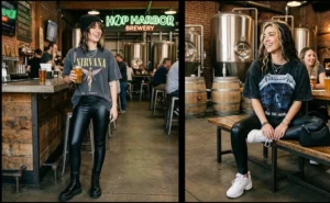 "Women in faux leather leggings paired with oversized vintage band t-shirts."