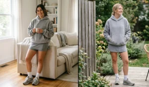 Side-by-side photos of two women wearing relaxed, monochromatic oversized hoodies and spandex active skorts for a comfortable and cozy athleisure outfit.