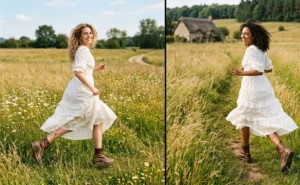 Split-frame image of two women running through a tall grass field wearing delicate white eyelet lace dresses perfectly contrasted with rugged, scuffed brown leather lace-up boots.