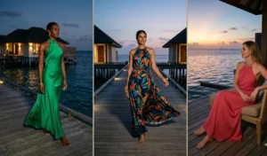 Three women wearing vibrant, bold halter-neck maxi dresses and tropical prints, posing elegantly against the backdrop of a romantic Maldives overwater villa at dusk.