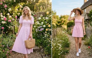 A 2-panel image featuring romantic pink and white gingham sundresses with puff sleeves and sweetheart necklines, styled with woven straw bags and white sneakers in an outdoor setting.
