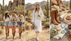 A 3-panel photo collage showcasing a coastal cowgirl bachelorette theme with the squad in denim and linen outfits, and the bride standing out in a white fringed jacket and cowboy boots.