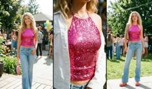 A 3-panel collage highlighting hot pink sequin halter tops paired with light wash flared denim jeans, platform sandals, and retro sunglasses for a nostalgic 2000s summer outfit.