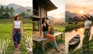A three-panel collage captured at sunset in rural Vietnam. Diverse women are seen wearing lightweight, patterned loose-fit harem or "elephant" pants, styled with casual tops and wide-brimmed hats, demonstrating mosquito-protective casual wear.
