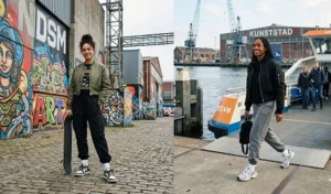 Edgy streetwear outfits for Amsterdam Noord with cropped bomber jackets, elevated joggers, and chunky retro sneakers.