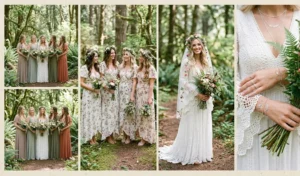 A 4-panel photo collage illustrating a romantic fairycore boho theme with bridesmaids in earthy floral maxi dresses and the bride in a flowing white lace dress with a flower veil.