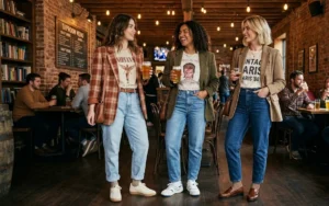"Women styling oversized plaid blazers with vintage tees and mom jeans."