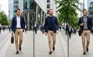 A split-image of men in smart-casual business attire wearing tailored navy blue blazers, slim-fit khaki pants, and dark brown leather penny loafers.